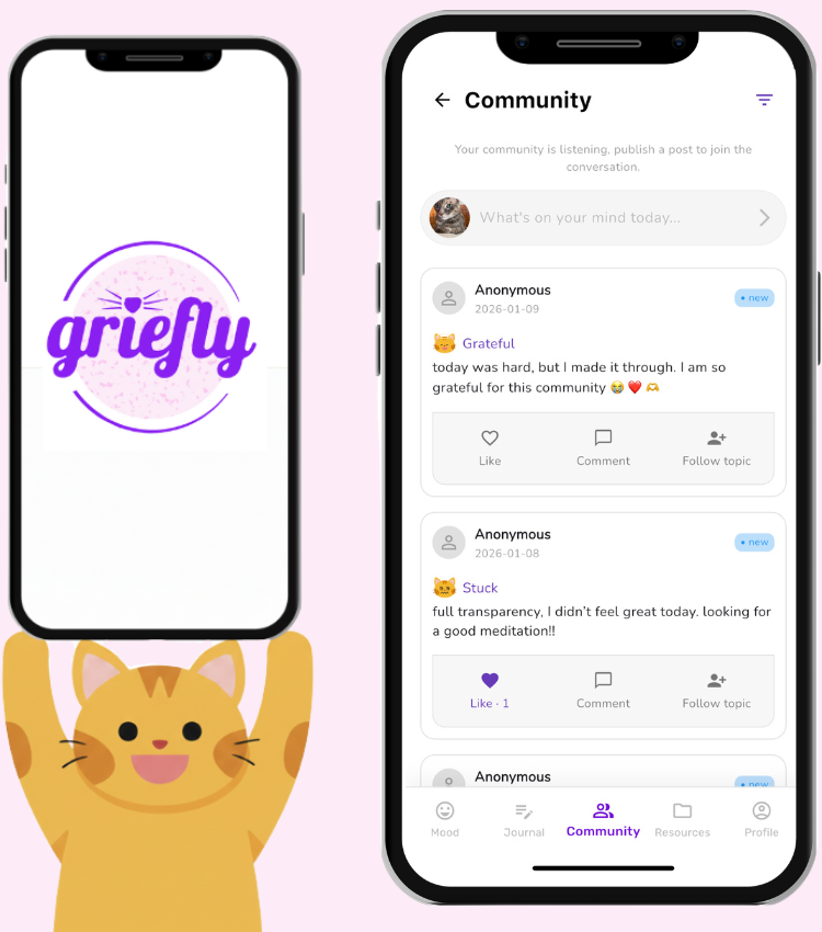 Two smartphones showing a social media app called 'Grively,' one displaying the logo with a cat face and purple text, and the other showing a community feed with anonymous posts about gratitude and meditation. There is a cartoon cat holding a purple heart in front of the phones.