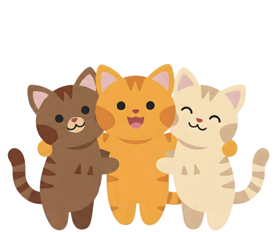 Three adorable cartoon cats, one brown, one orange, and one cream, standing close together with their arms around each other, smiling happily.