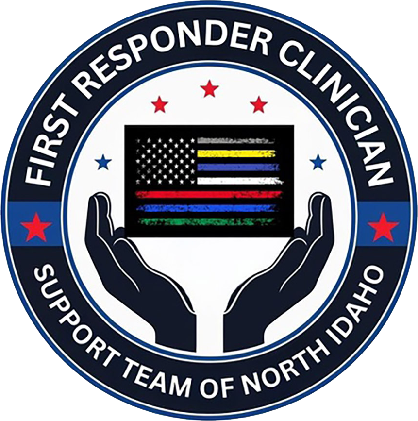 Emblem of the First Responder Clinician Support Team of North Idaho, featuring a pair of hands holding a stylized American flag with rainbow stripes.