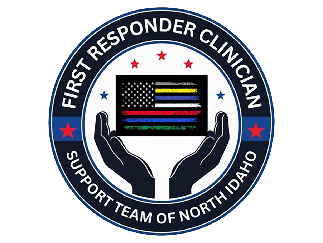Emblem for First Responder Clinician Support Team of North Idaho, featuring hands holding a black rectangle with an American flag and a Thin Blue Line flag.