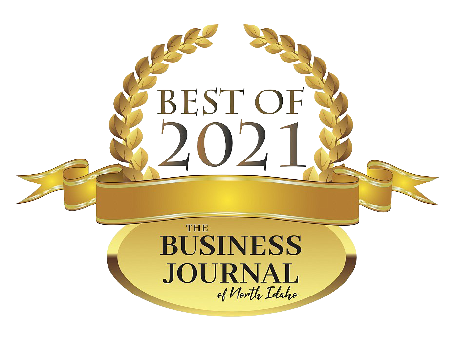Gold wreath, ribbon banner, and text that reads "Best of 2021" and "The Business Journal of North Idaho" on a transparent background.