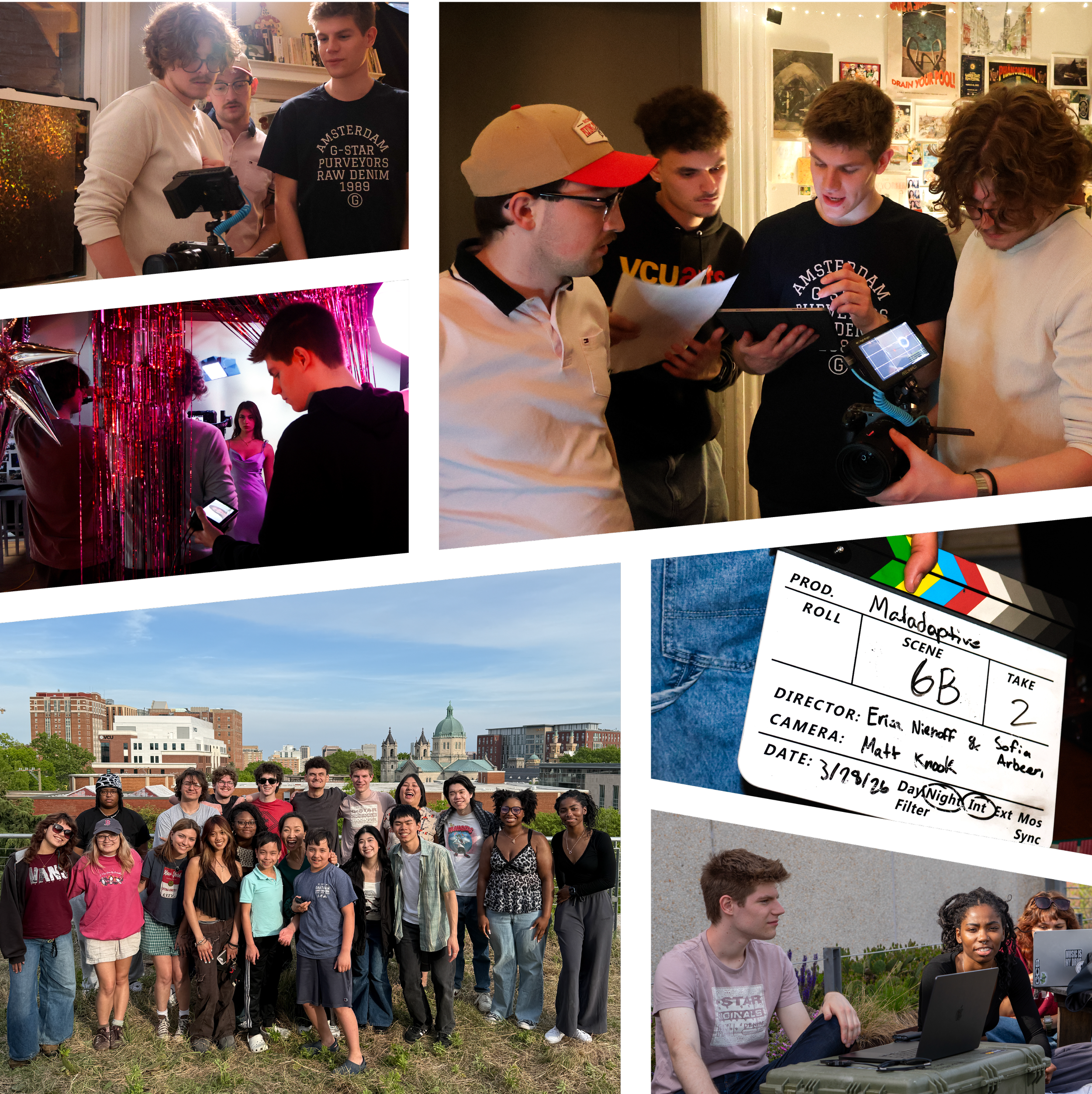 Group of young people outdoors, smiling and standing in front of a cityscape with various buildings, including a historic dome. Some are wearing casual clothing, and there is a woman working on a laptop at a table nearby. The scene appears to be at a social gathering or event.