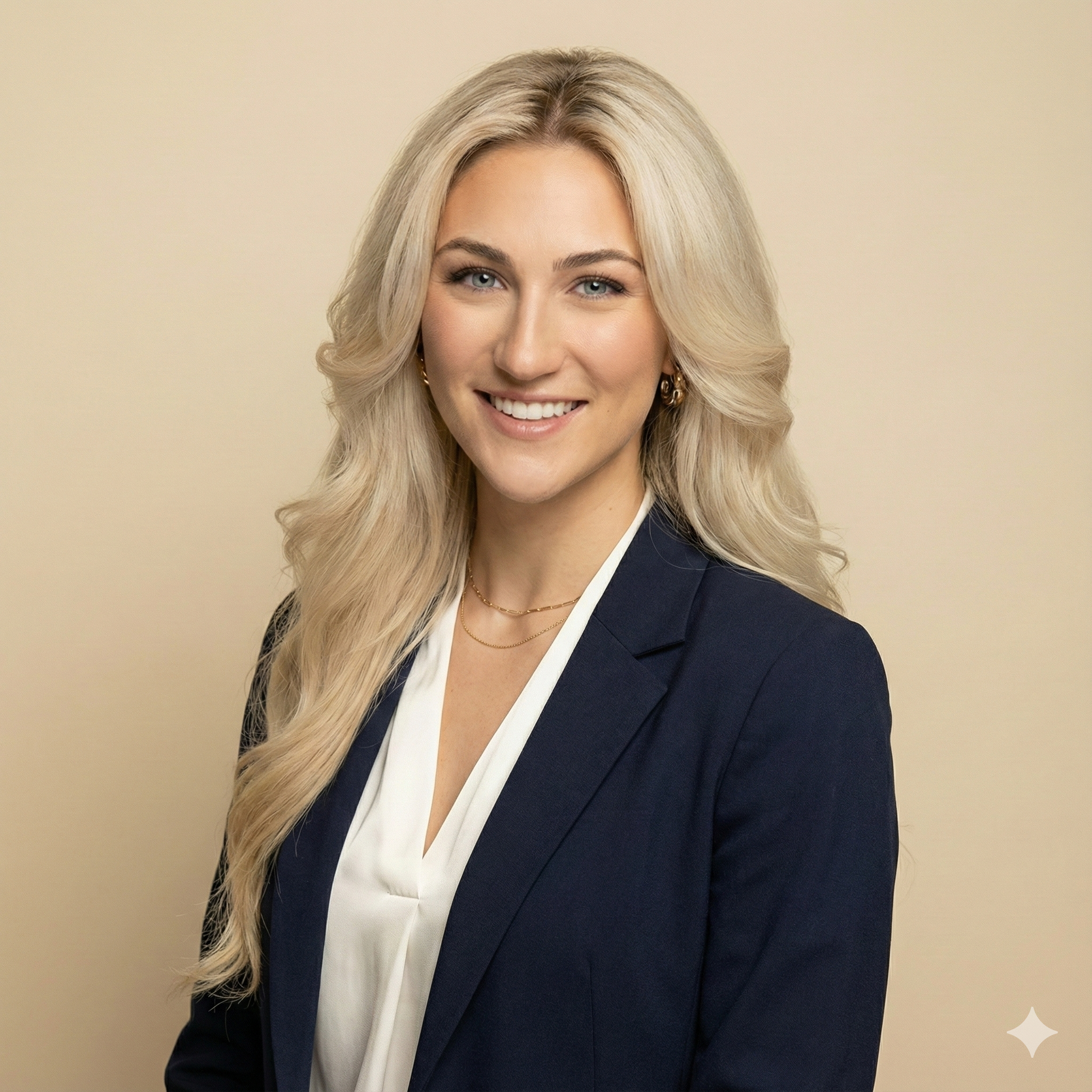 A woman with long blonde hair, wearing a navy blue blazer and white blouse, smiling against a neutral background.