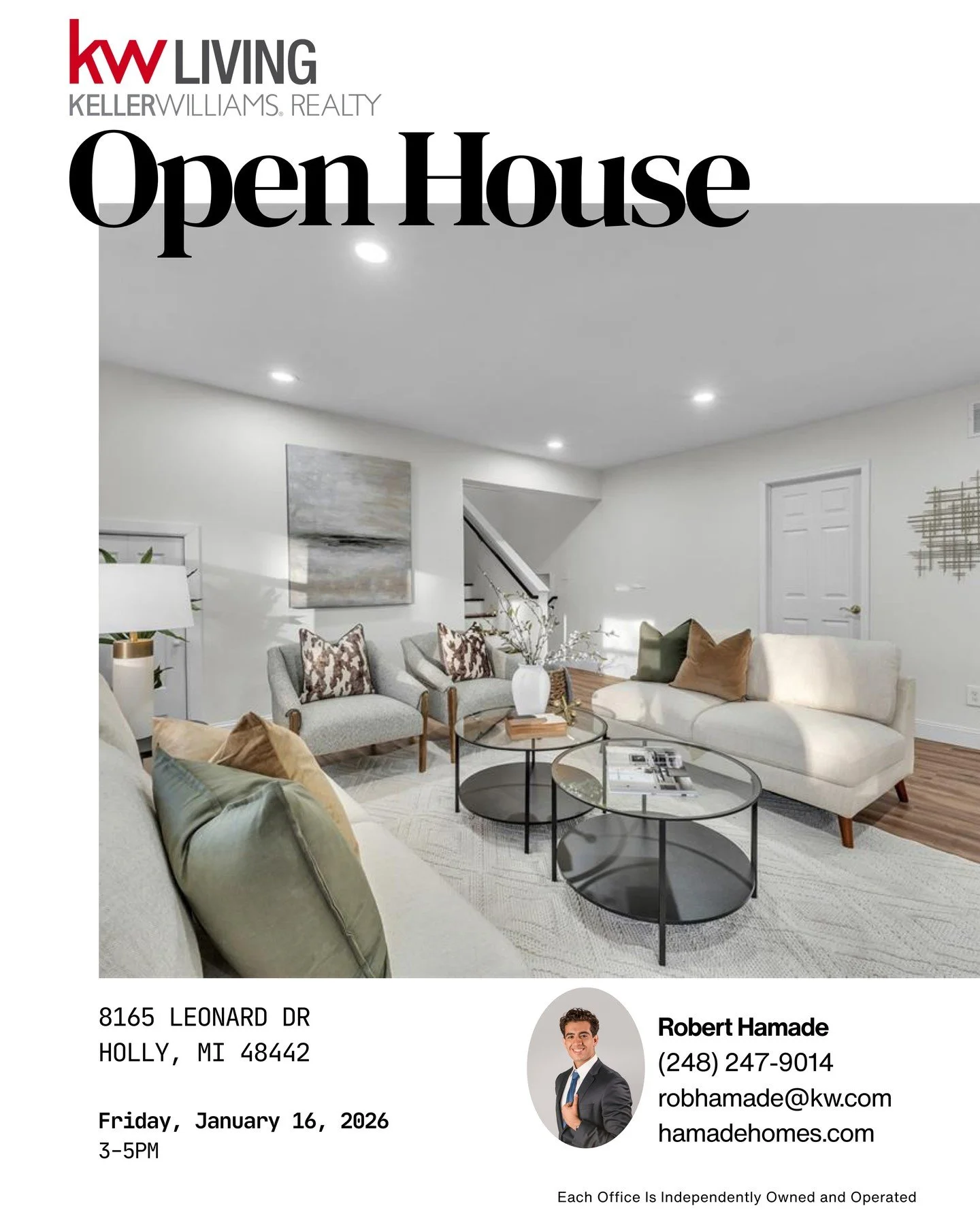 OPEN HOUSE 🏡
📍 8165 Leonard Dr, Holly, MI 48442
🗓️ Friday, January 16
⏰ 3&ndash;5 PM

Come see this beautifully updated home in person. Walk through the space, see the layout, and decide if it&rsquo;s the one.

If you&rsquo;re actively looking or 