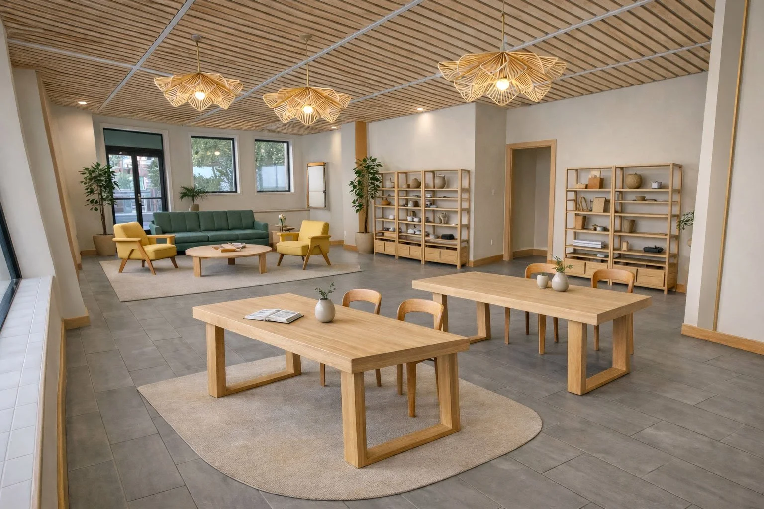 Bright and spacious living room with wooden furniture, green and yellow seating, large windows, and decorative lighting fixtures.