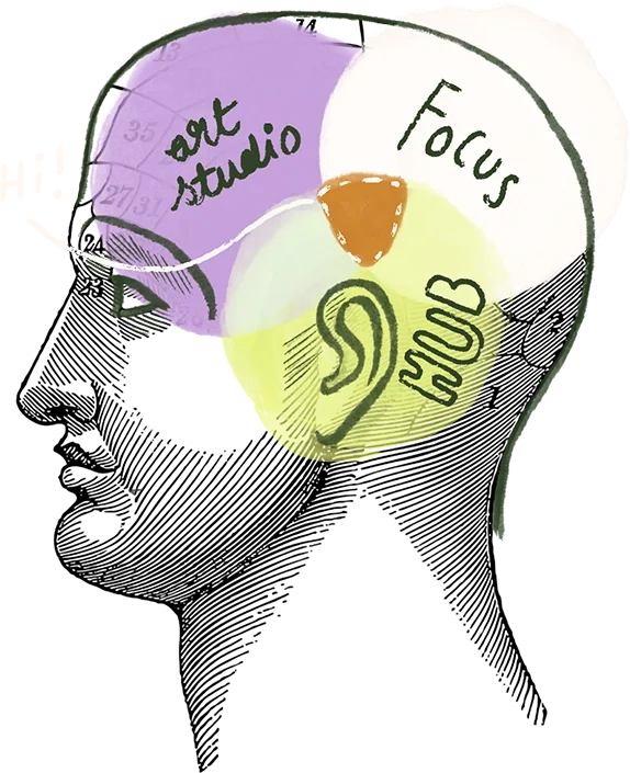 Circular illustration with sections labeled 'Art Studio,' 'Focus,' and 'Ear,' featuring a small orange triangle and colorful segments in purple, white, and yellow.