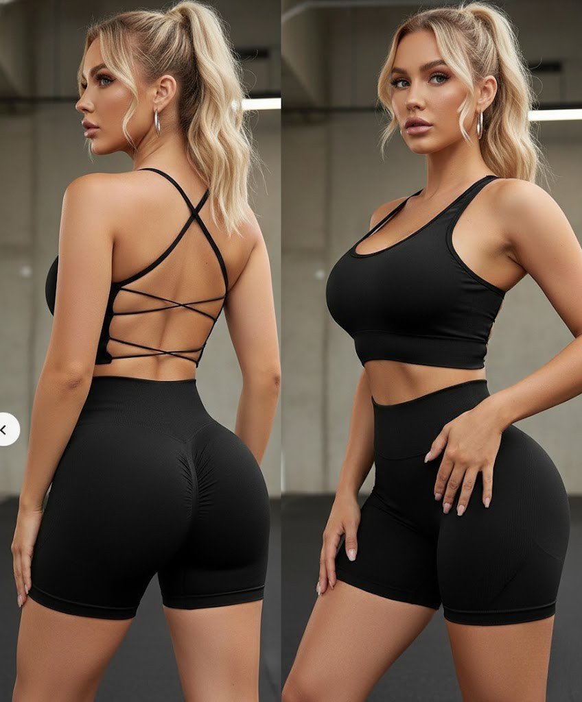 Twin models in matching black sculpting activewear, seamless and squat-proof gym outfits.