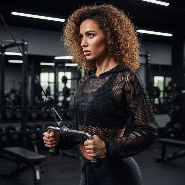 Woman performing strength training wearing the Samba Air Jacket. Lightweight performance mesh jacket designed for intensity and freedom of movement. Authority in motion activewear.