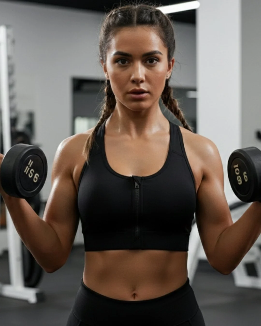 Strong woman lifting dumbbells in black seamless activewear, designed for high-performance and squat-proof support.