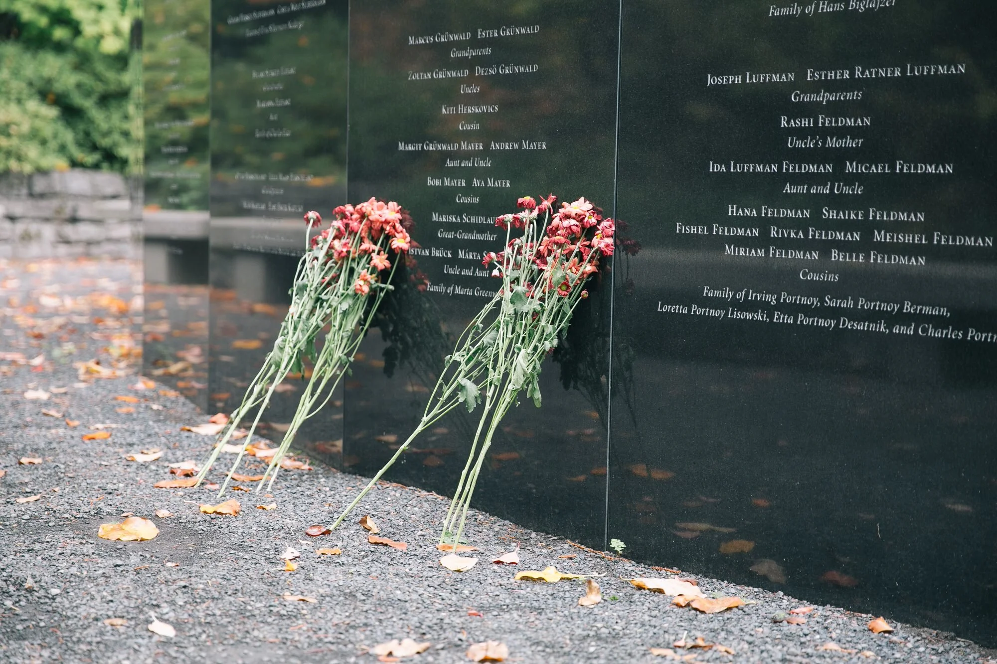 Flowers placed at the Oregon Holocaust Memorial, next to the memorial’s history.