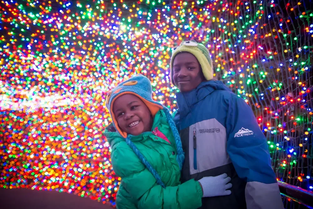 Children enjoying ZooLights at the Oregon Zoo, next to information about Park discounts and free resources.