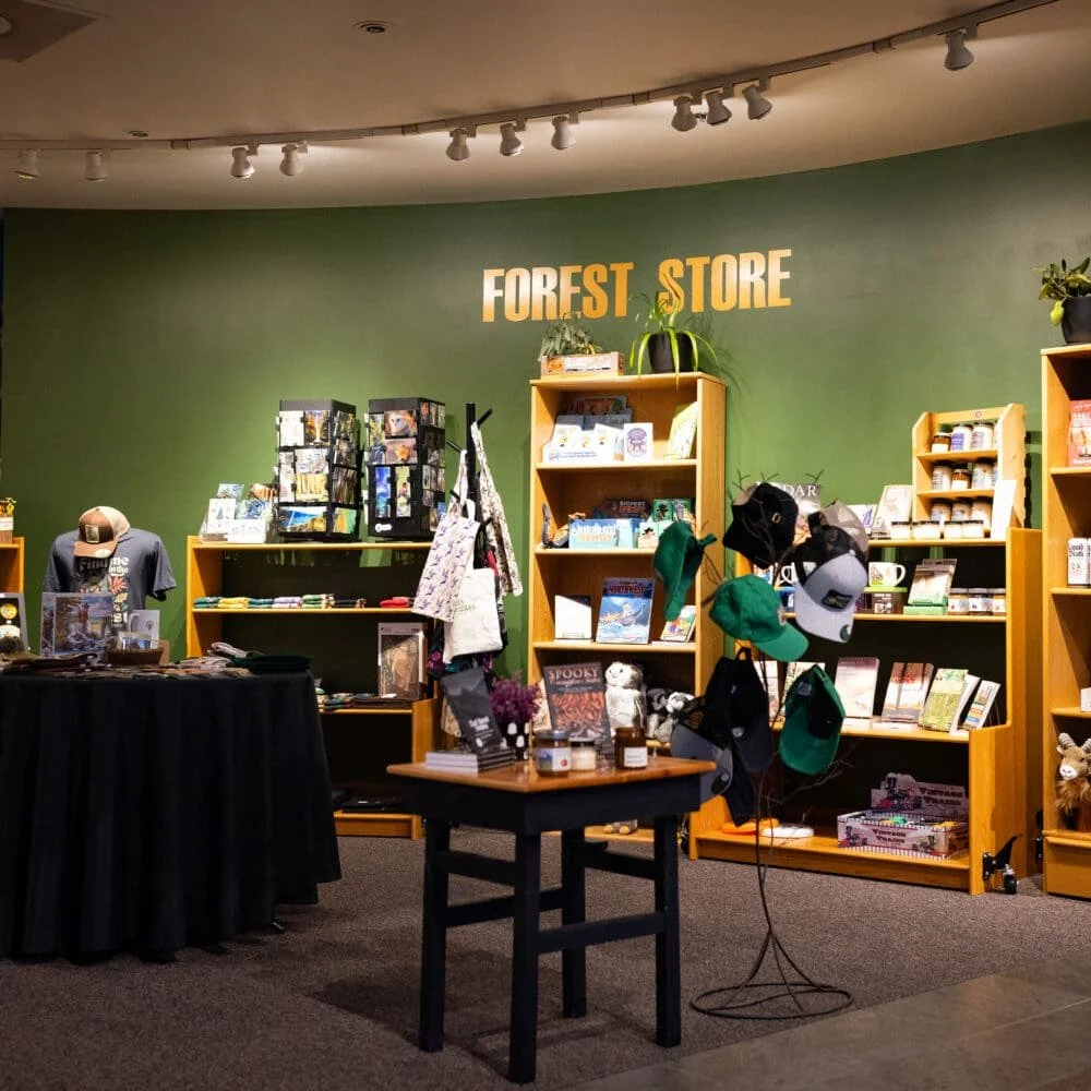  Shelves of nature-inspired gifts and apparel inside the World Forestry Center’s Forest Store. 