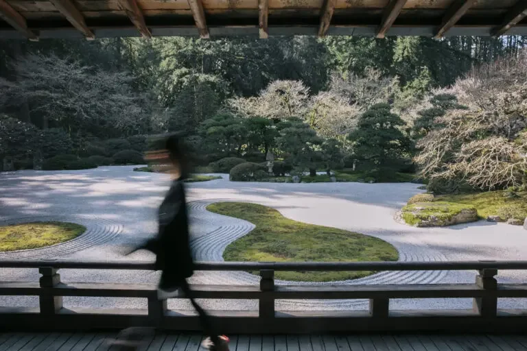  The raked gravel and greenery of the Flat Garden at Portland Japanese Garden in winter. 