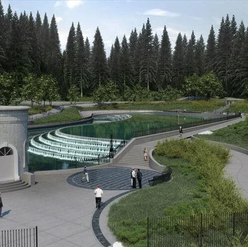  A design mock-up of the finished reflecting pool and walking paths atop the underground reservoir. 