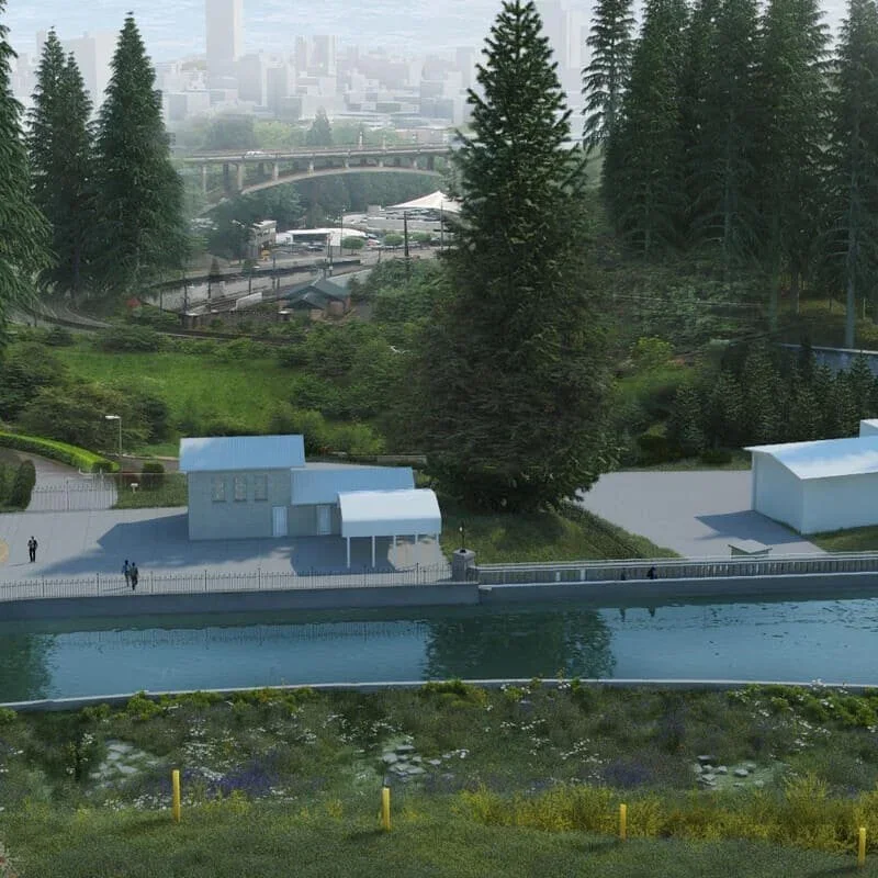  An artist’s rendering of the planned reflecting pool and lowland wildlife habitat at the reservoir site. 