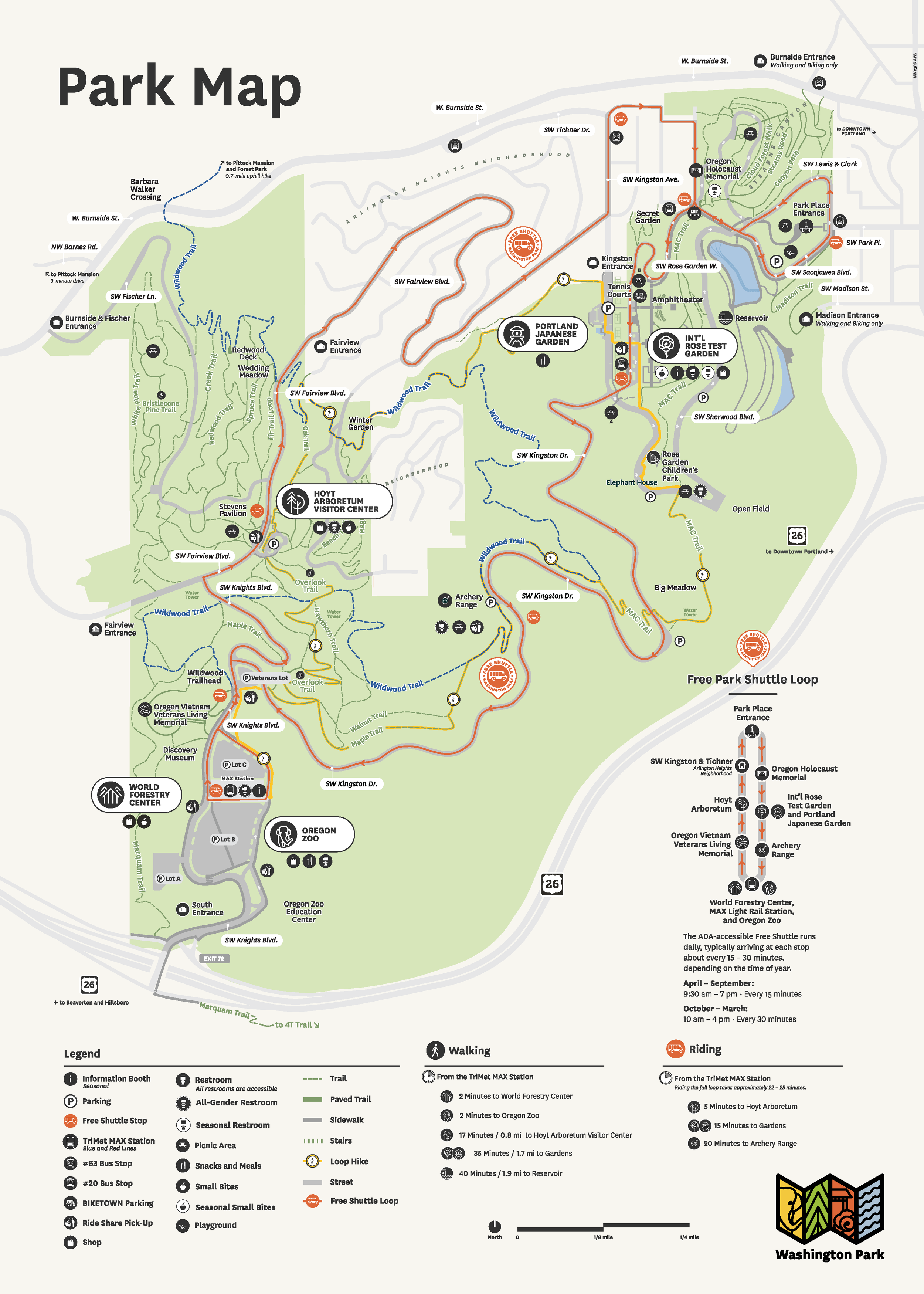 Map of Washington Park with trails, entrances, attractions, and amenities labeled, including the Oregon Holocaust Memorial, Japanese Garden, Zoo, and Arboretum, with symbols for walking, biking, shuttle stops, and parking.