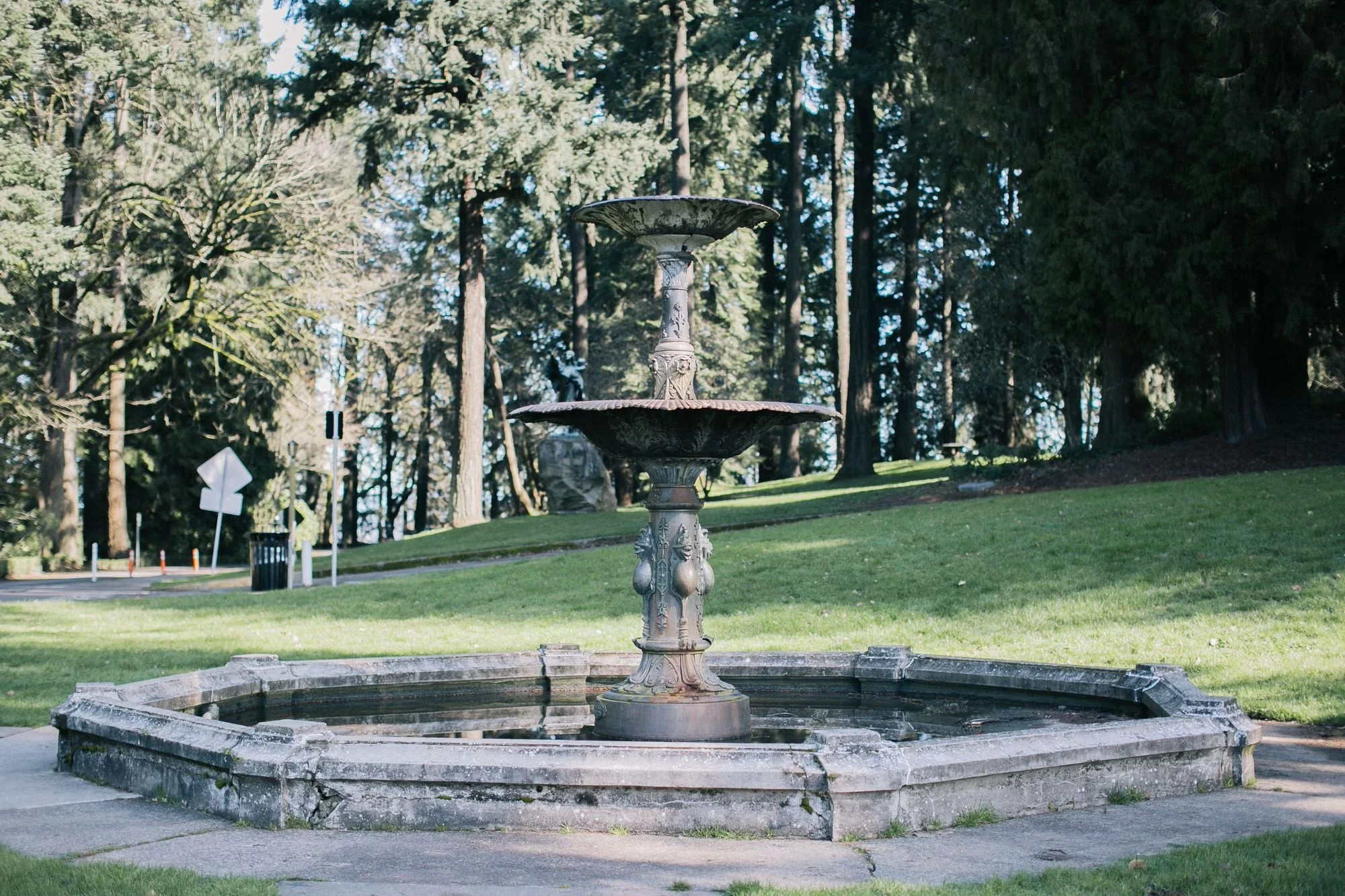 The Chiming Fountain is a two-tiered ornate cast iron fountain in an octagonal stone basin, set on a green lawn surrounded by tall conifer trees in Washington Park.