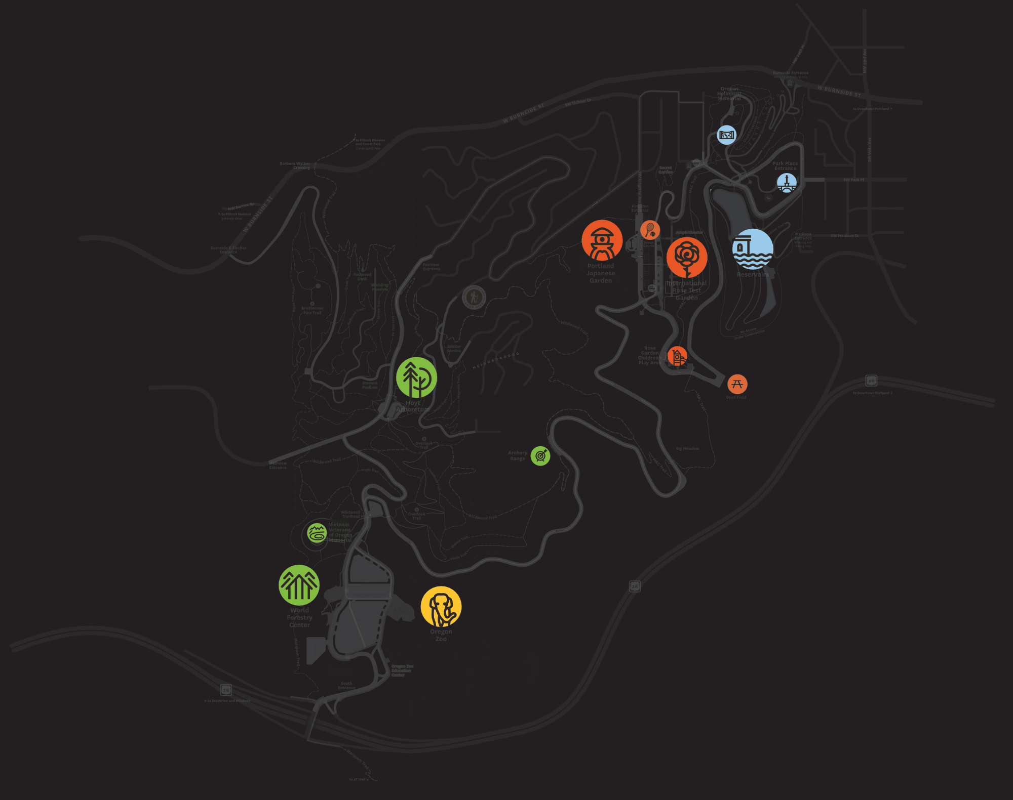A detailed map of a large park with various points of interest including gardens, a zoo, a reservoir, and walking trails, depicted with icons and labels.