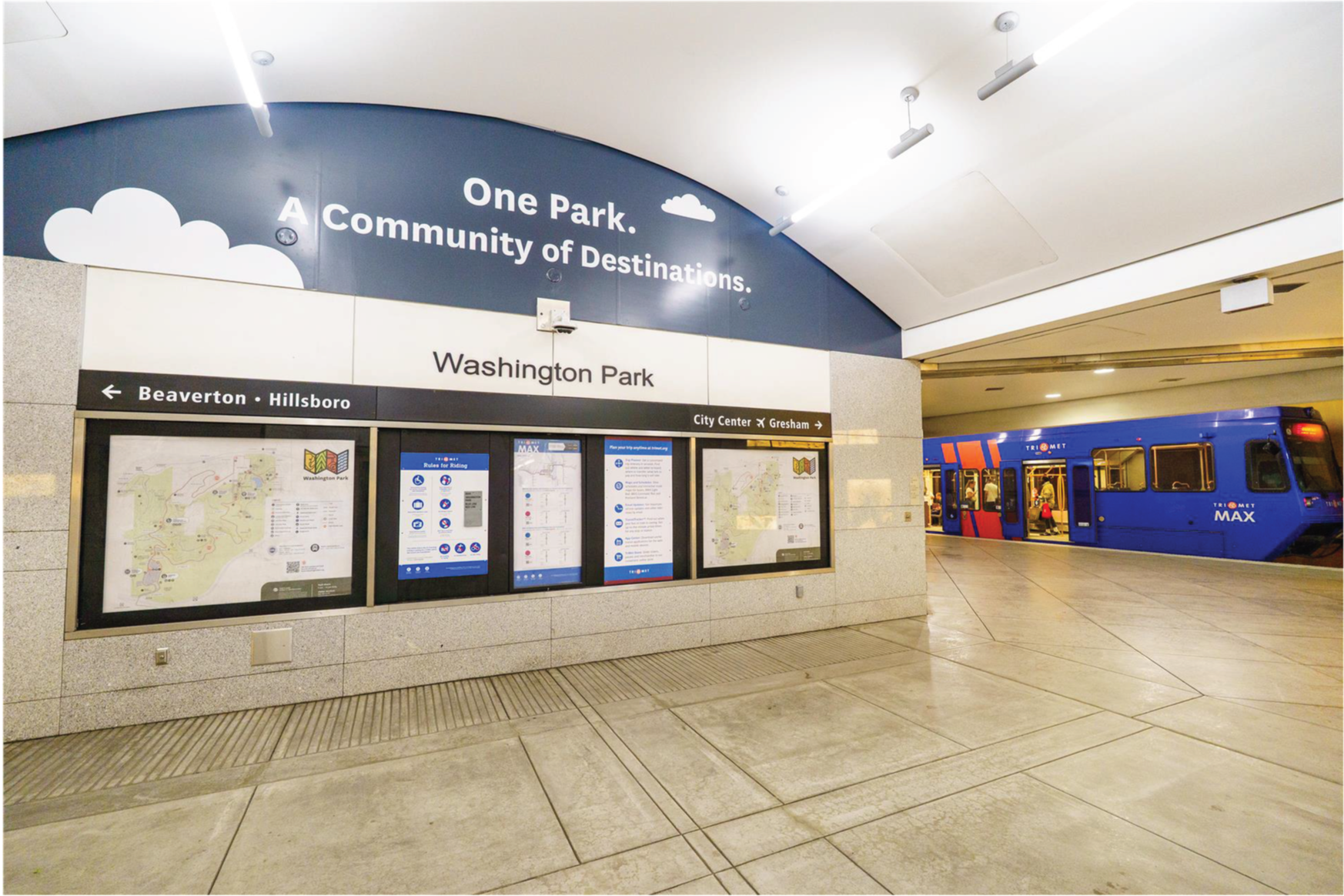 A view of the Washington Park MAX station, next to donation FAQs.