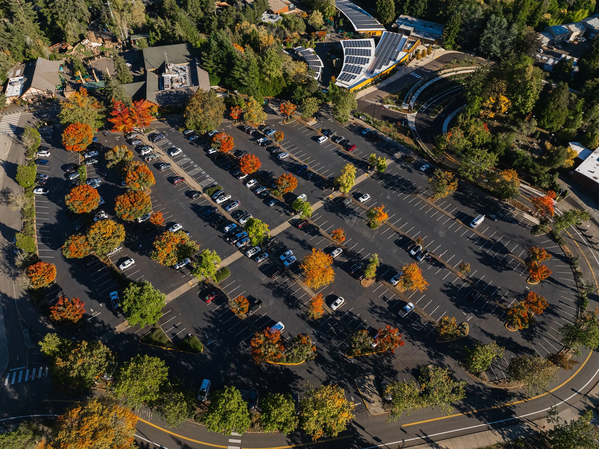 An aerial view of a parking lot with several empty spaces, surrounded by trees with fall foliage, and a modern building with solar panels on its roof.