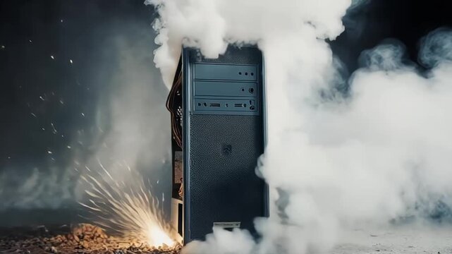 A computer tower igniting with sparks and smoke on a gravel surface.