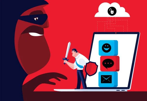 Illustration of a man holding a sword and shield facing a large dark figure with a masked face, with a laptop displaying icons of a happy face, speech bubble, and email, and a cloud with a padlock icon above.