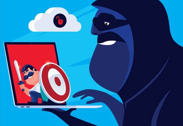 A large dark figure looking at a computer screen showing a cartoon warrior wielding a sword, with a shield in front. A cloud with a locked padlock icon is also visible in the background.