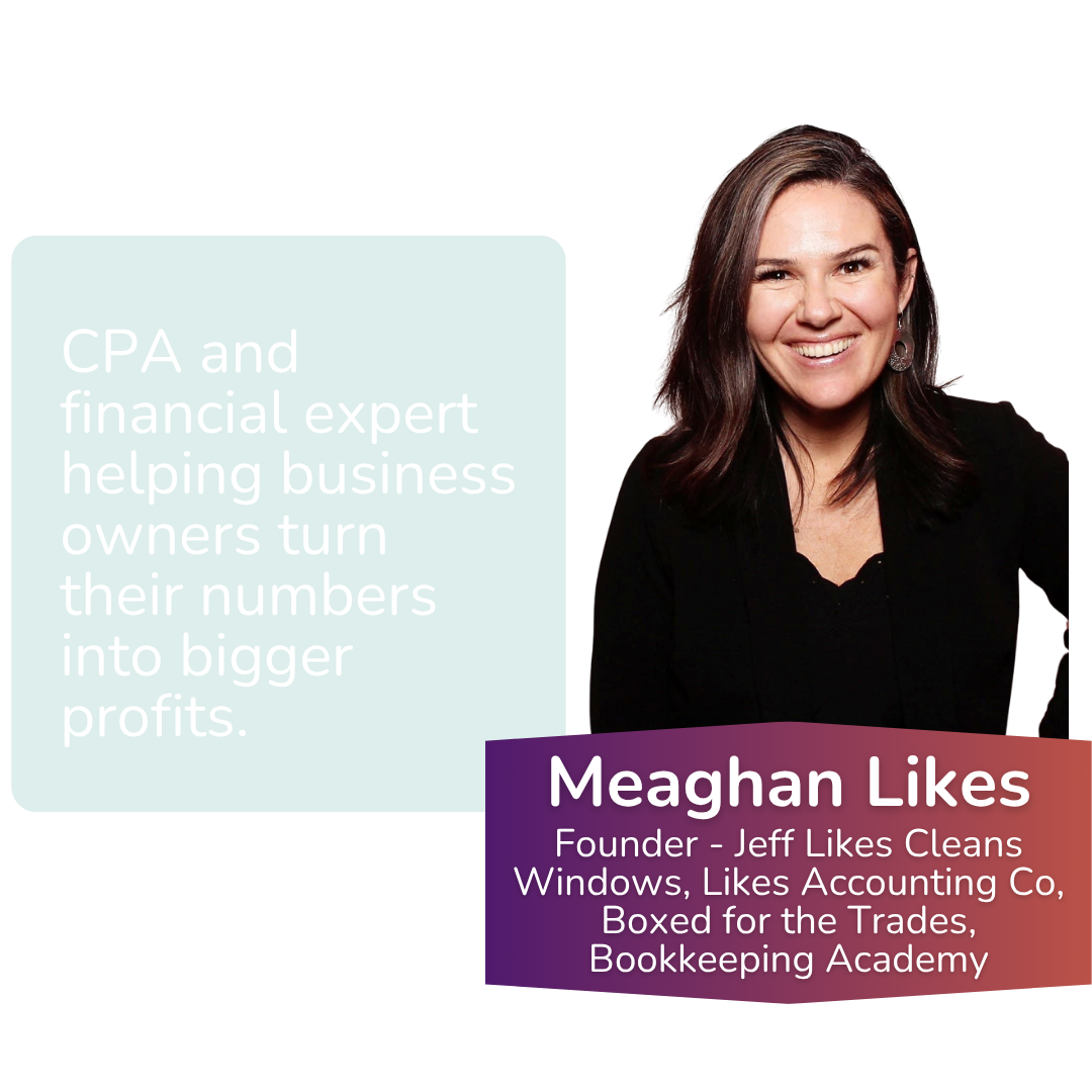 Photo of Meaghan Likes, a woman with brown hair, smiling, wearing a black blazer, alongside a text box stating her achievements, and a purple-to-red gradient banner with her name and credentials.