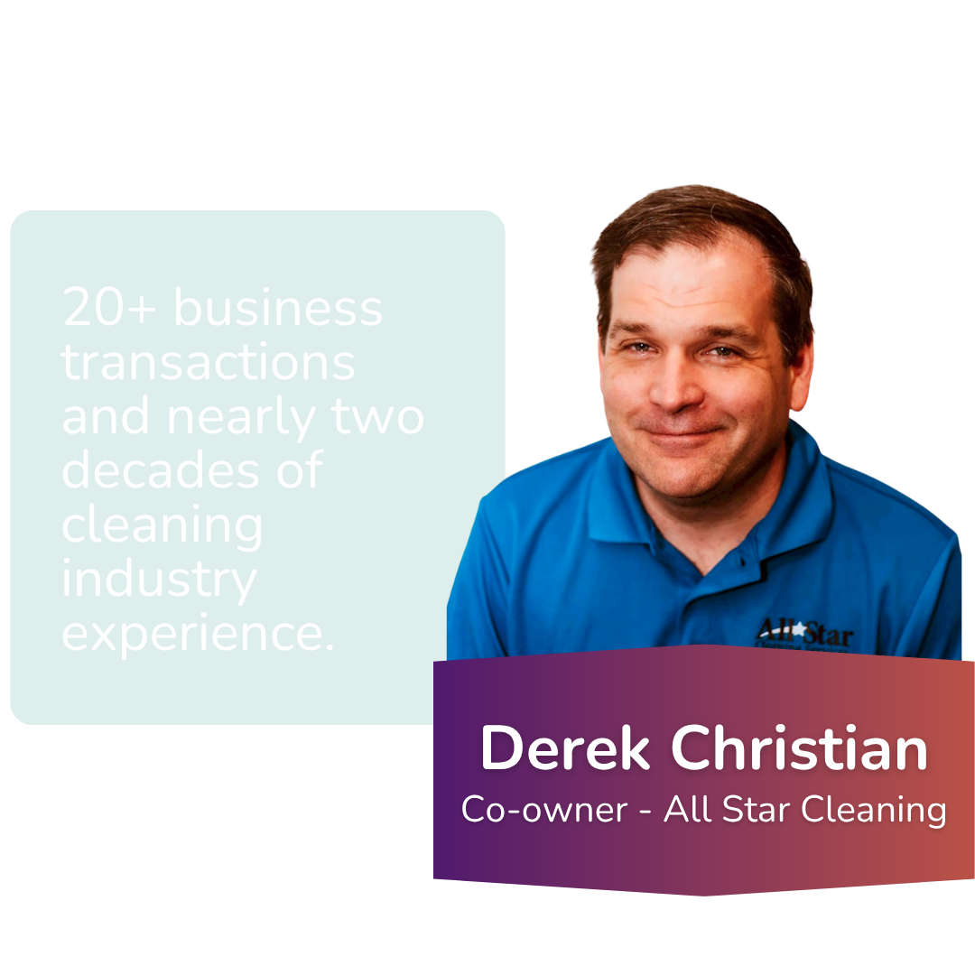 A portrait of Derek Christian, co-owner of All Star Cleaning, with a quote about his industry experience on a graphic background.