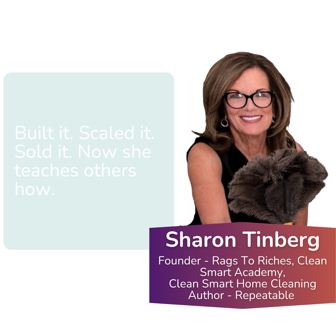 A woman with glasses smiling, holding a furry object, with text on the left that reads 'Built it. Scaled it. Sold it. Now she teaches others how.' and a caption below with her name, Sharon Tinberg, and her credentials.