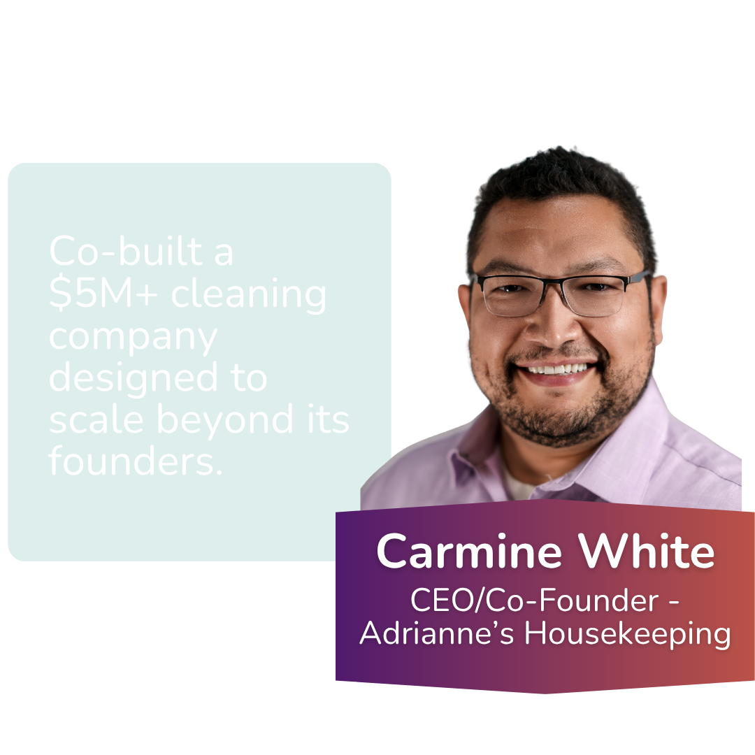 A professional headshot of a man with glasses and a beard, smiling, with overlay text about building a successful cleaning company and his name and title, Carmine White, CEO and Co-founder of Adrianne's Housekeeping.