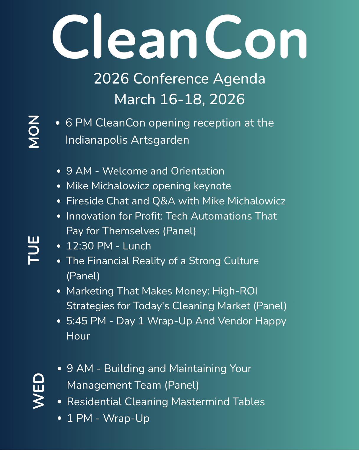 Conference agenda for CleanCon 2026, scheduled from March 16 to 18, 2026, featuring keynote speeches, panels, lunch, and wrap-up sessions for each day.