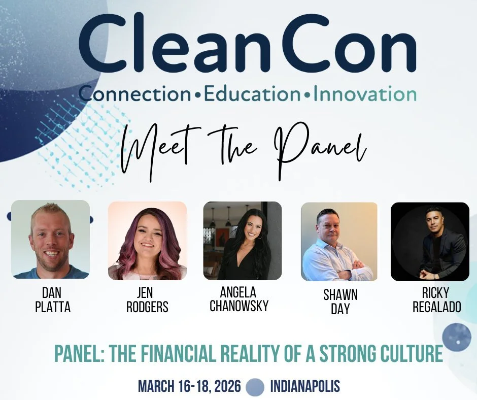 Event poster for CleanCon featuring panelists Dan Platta, Jen Rodgers, Angela Chanowsky, Shawn Day, and Ricky Regalado, with the theme 'The Financial Reality of a Strong Culture,' scheduled for March 16-18, 2026, in Indianapolis.