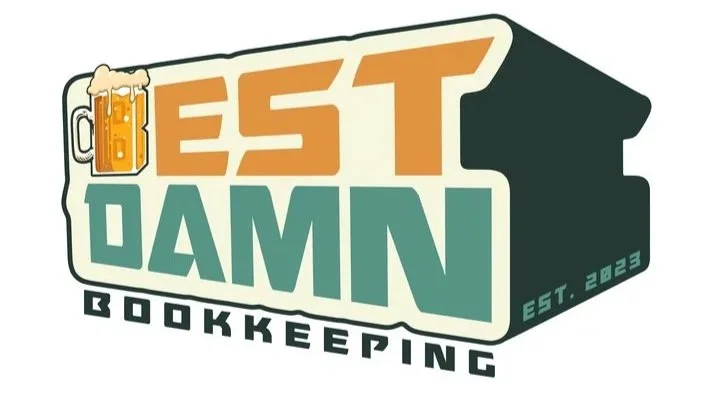Logo for 'Best Damn Bookkeeping' with stylized text and a beer mug illustration, stating 'Est. 2023'.