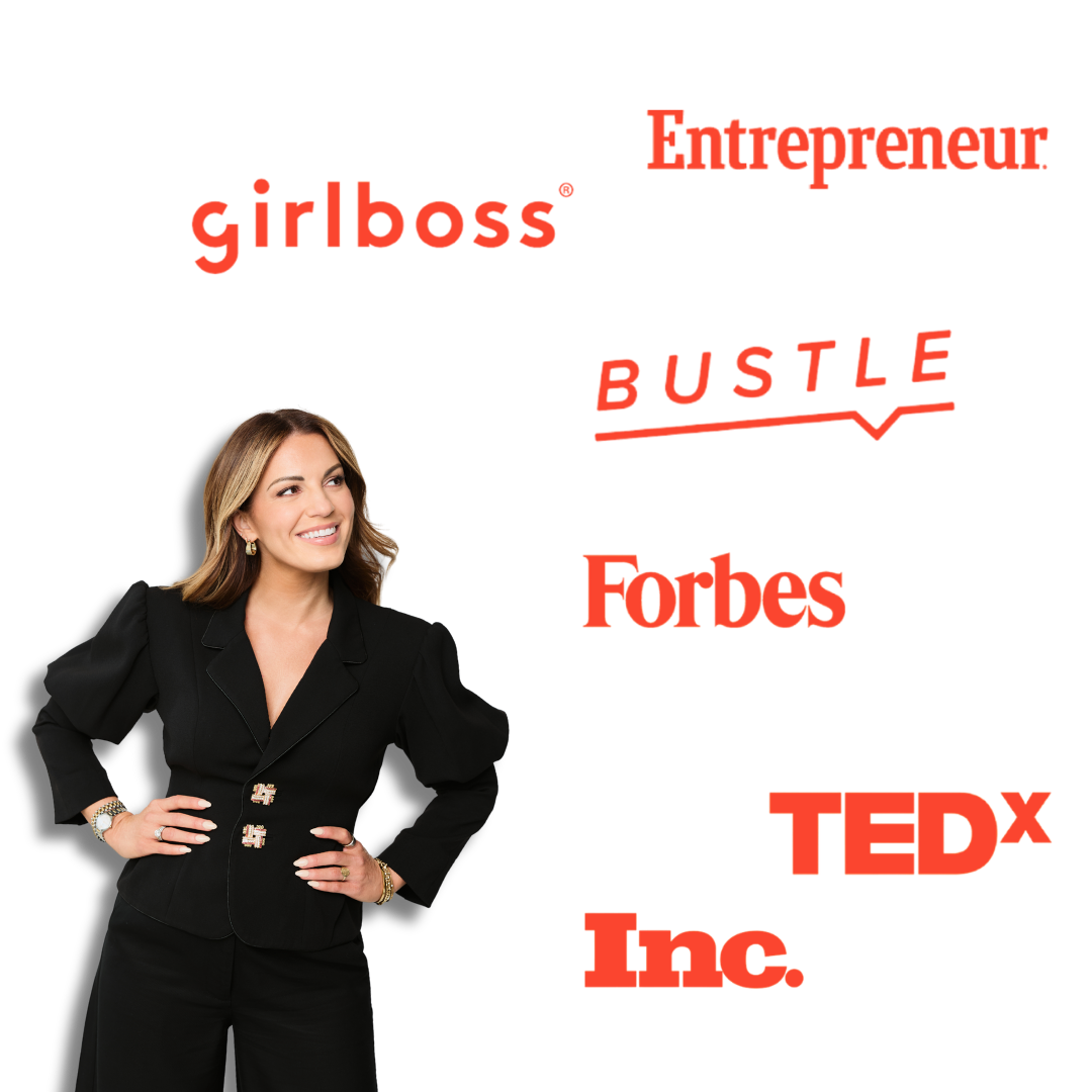 A woman in a black suit smiling, with red text around her listing concepts such as 'Leadership,' 'Influence,' 'Gifted,' 'Boss,' 'Bustle,' 'Forbes,' 'TEDx,' and 'LPC'.