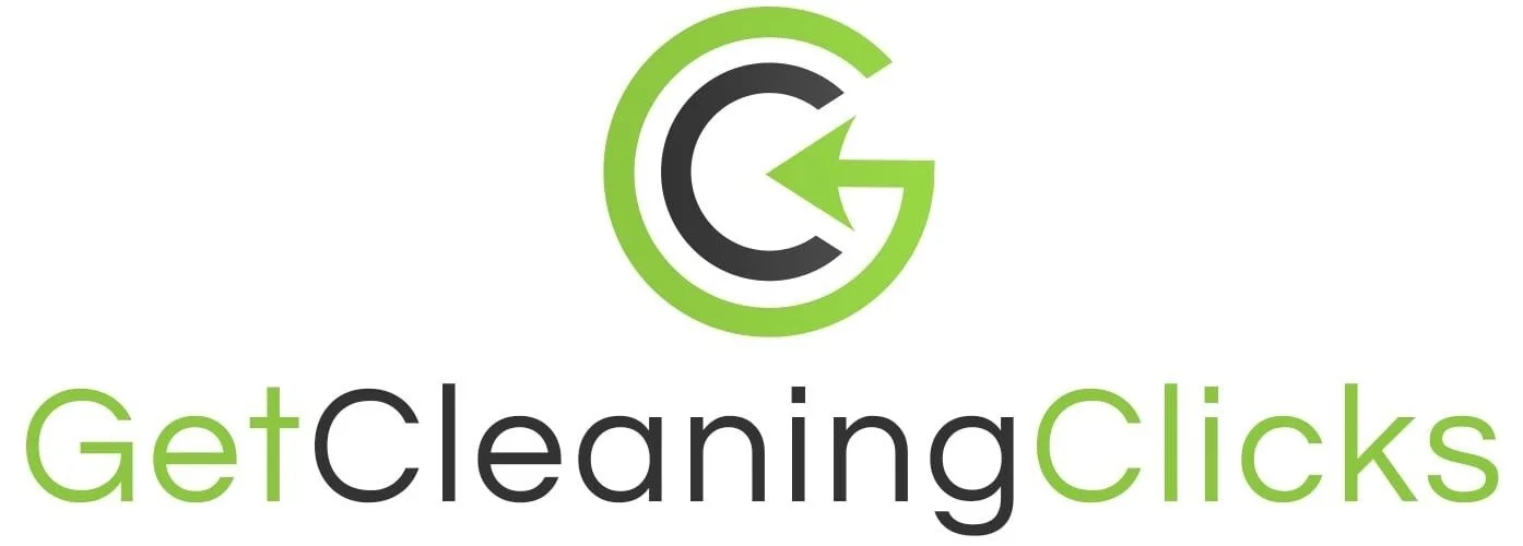 Logo for GetCleaningClicks with a stylized green and black circular arrow design above the company name.