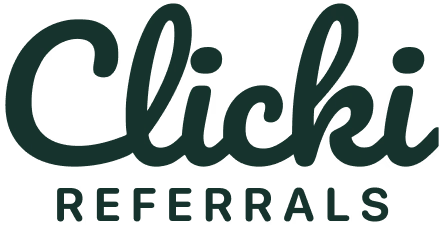 Logo with the text 'Clicki Referrals' in a stylized black font.