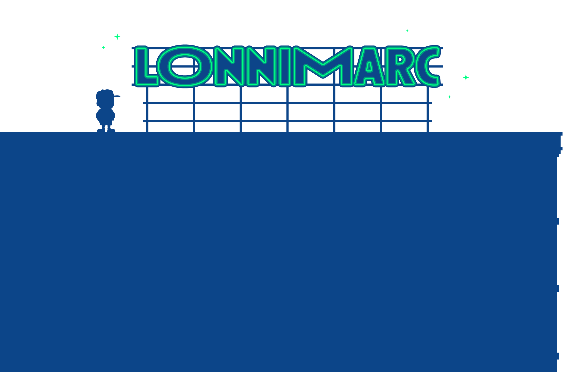 A neon sign spelling 'LONNIMARC' in green and blue at night, with small star-like lights in the background, and a cartoonish character standing on a rooftop.