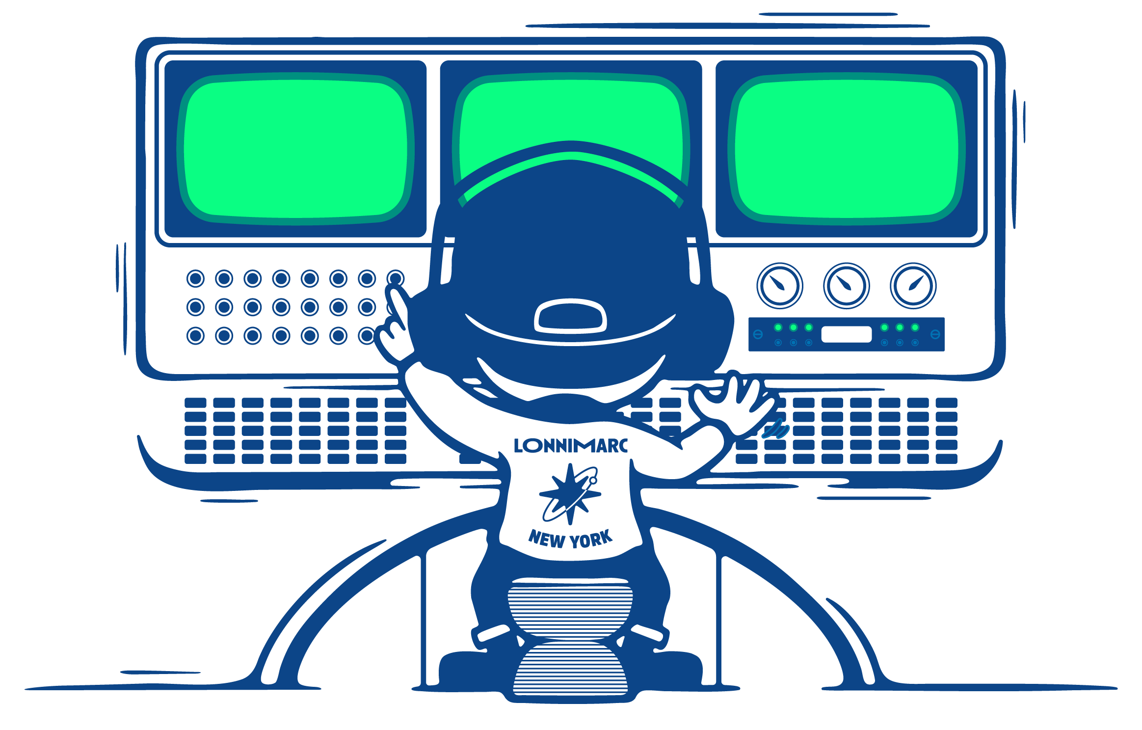 A cartoon character with a large head, sitting at a retro computer setup with three monitors, wearing a shirt that says "LONNIMARC NEW YORK" and clicking a button on the front panel with his left hand while the other hand rests on the keyboard.