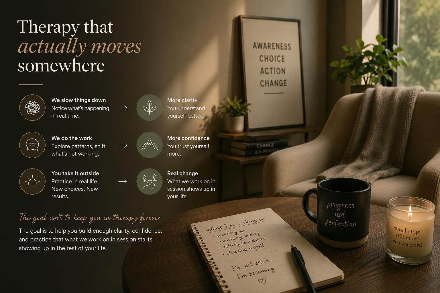 A cozy therapy room with a framed quote on the wall, a small table with a black mug labeled 'progress not perfection,' a lit candle, a notebook, and a pen. The room is well-lit by natural light from a nearby window.