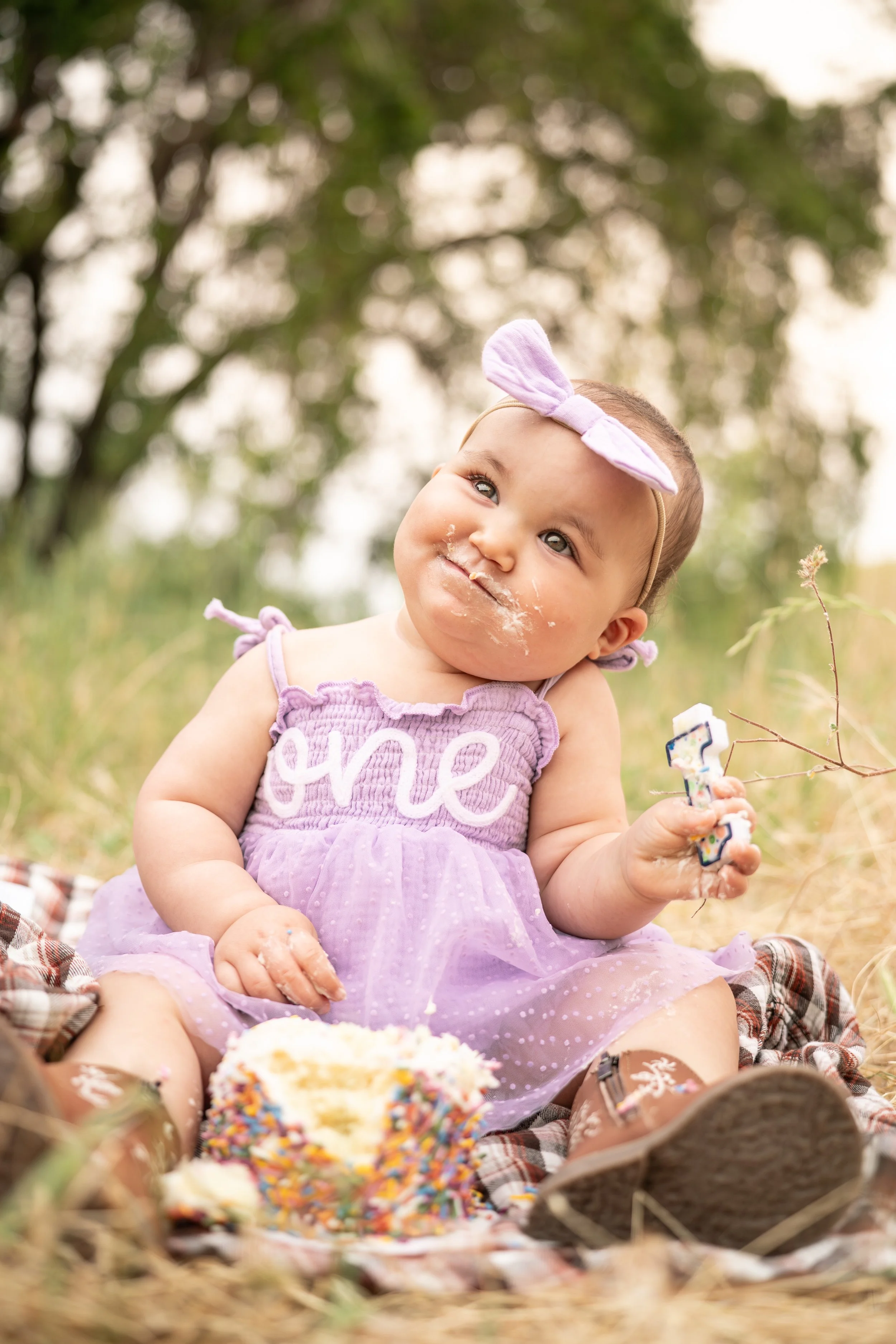 A baby girl sitting outdoors on a blanket with a slice of birthday cake and colorful sprinkles, wearing a purple dress with the word 'one' on it, a matching headband, and chocolate shoes, with face and hands smeared in cake and icing.