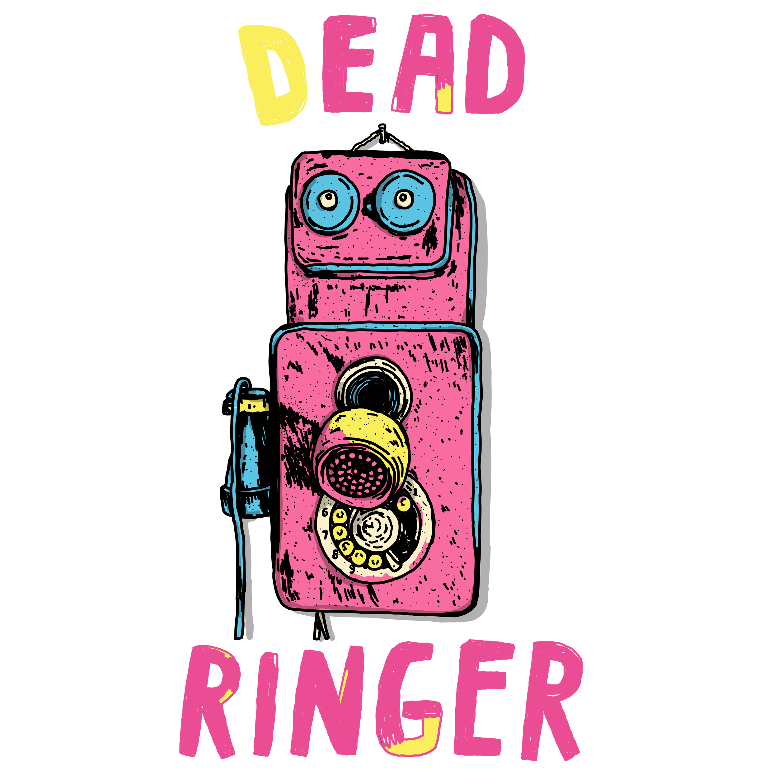 A stylized, colorful drawing of a pink vintage rotary telephone on a black background with yellow and blue accents.