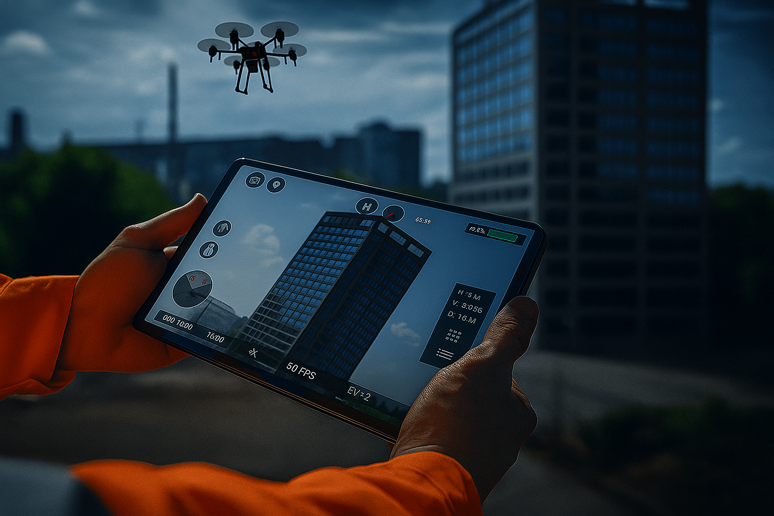 Person holding a drone control tablet with a building and flying drone in the background.