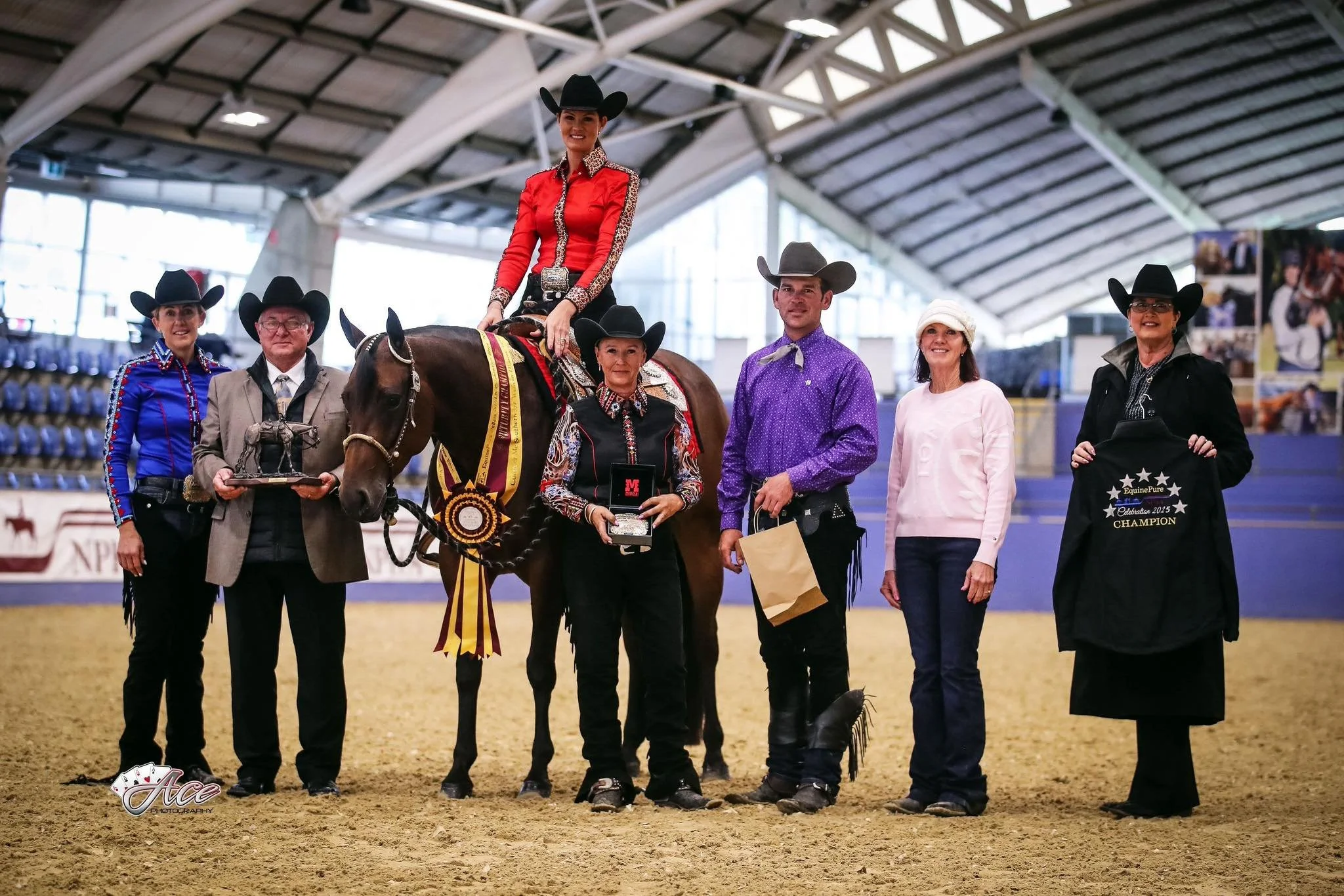 Group of people at western performance competition, with one woman sitting on a winning western pleasure horse, wearing a red western shirt and black hat, inside an indoor arena.