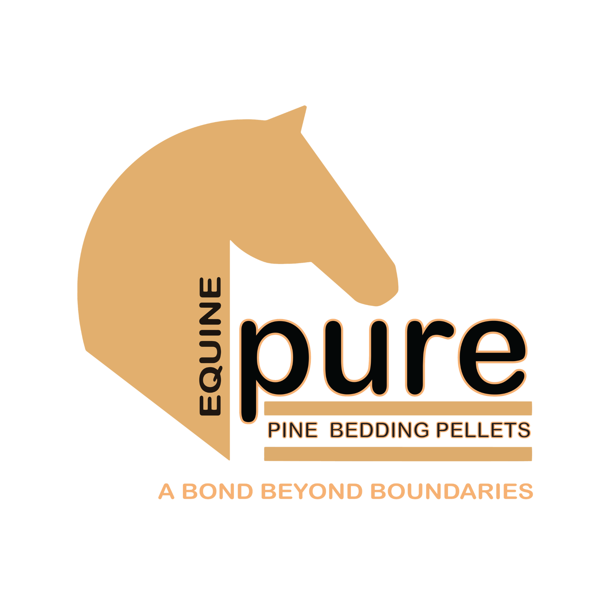 Logo for EquinePure Pine Bedding Pellets featuring a stylised horse head in beige and black text highlighting the product, with a tagline 'A Bond Beyond Boundaries.'