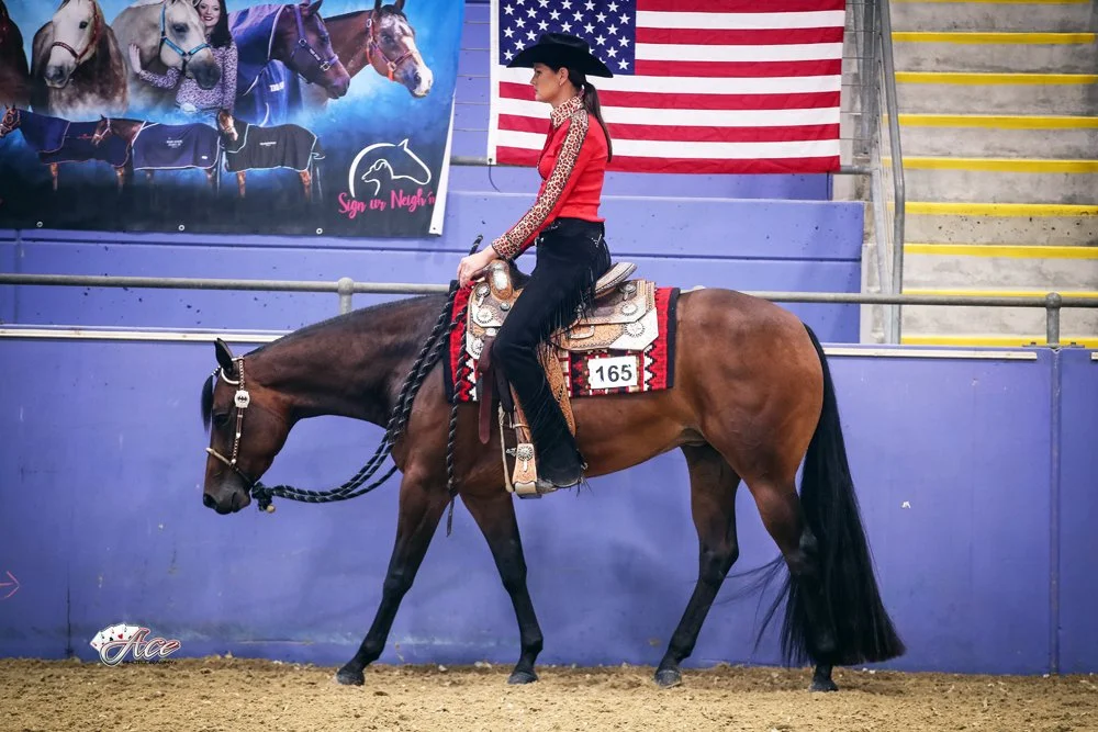 A woman in Western attire riding a brown quarter horse in an indoor arena, with an American flag and a horse-themed banner in the background. Showing horse at the jog in western pleasure futurity class event.