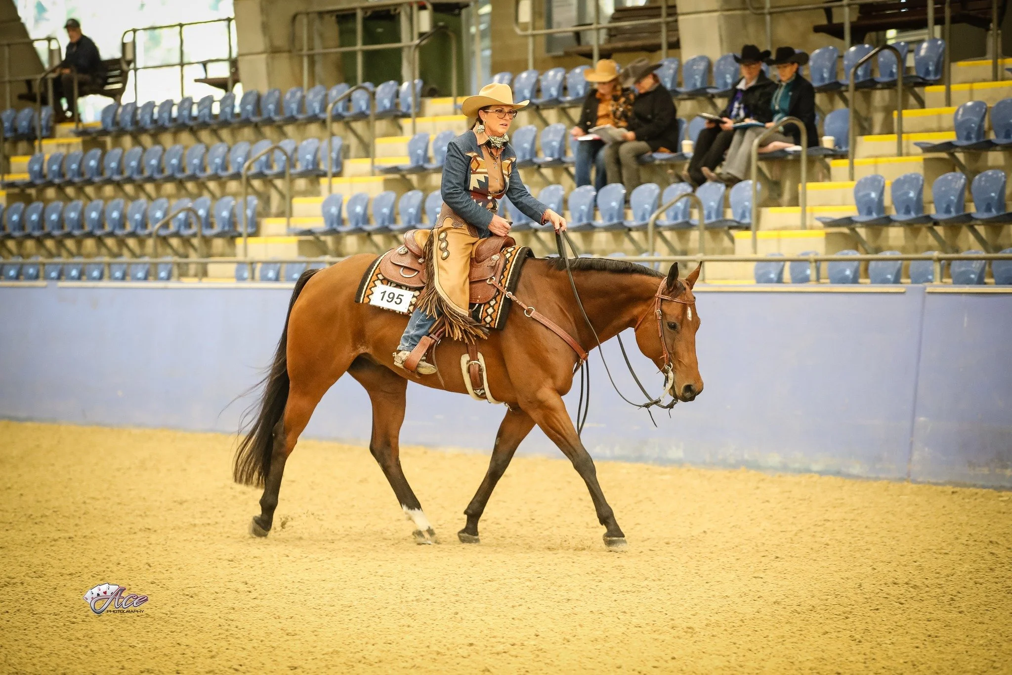 A woman in Western attire riding a brown western horse inside an indoor arena, with spectators seated in the background. Showing in ranch on the rail event western performance shows Australia.