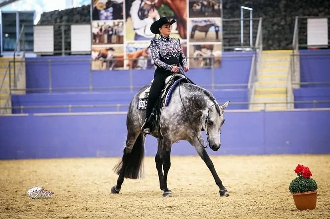 A female equestrian dressed in a black and white patterned shirt and black chaps, riding a grey quarter horse in an indoor arena. The rider is wearing a black cowboy hat, loping her horse in a horsemanship class.