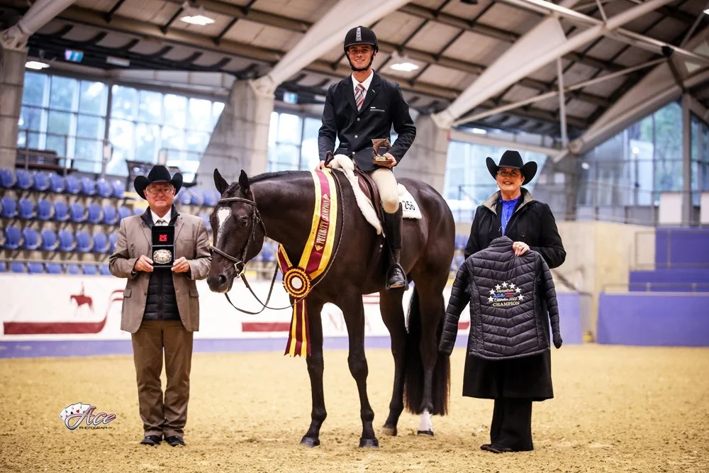 A young male equestrian rider on a dark quarter horse decorated with a rosette ribbon, standing inside an indoor arena with american judges, one on each side, all wearing cowboy hats. Hunter Under Saddle event.