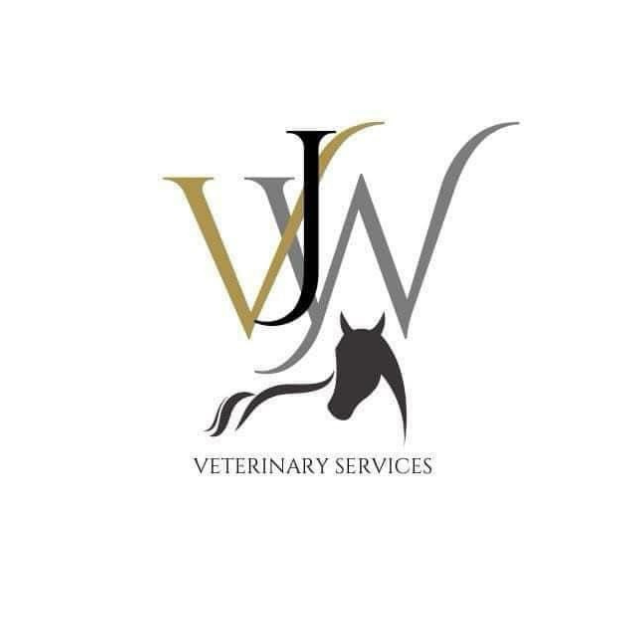 Logo for Veterinary Services featuring stylized letters W, J, and V, with a black silhouette of a horse's head below, and the text 'VETERINARY SERVICES' underneath.
